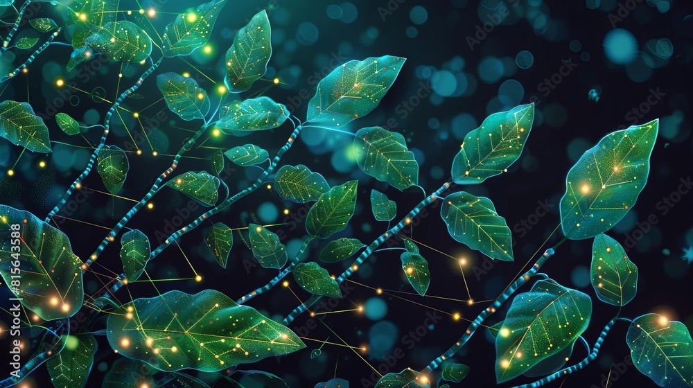 Fototapeta premium Scientists enhancing agricultural biotechnology with crosschain tech to track plant genetics, vibrant, detailed illustration