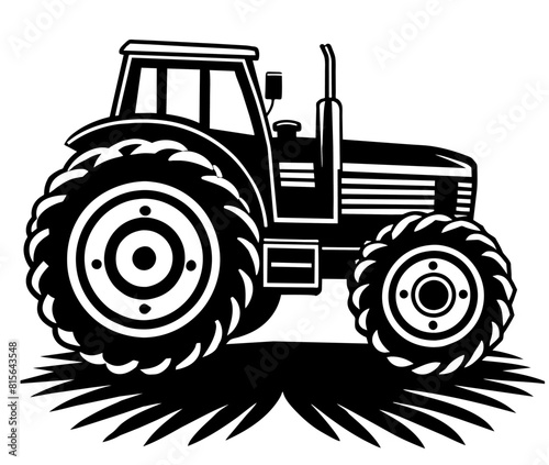 Black and white line art illustration of a vintage tractor with detailed design showcasing the classic agricultural machinery, perfect for farmingthemed projects and oldfashioned rural imagery