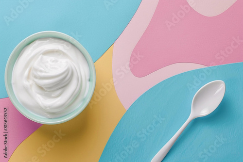 Greek yogurt and spoon on pastel coulour table super food concept