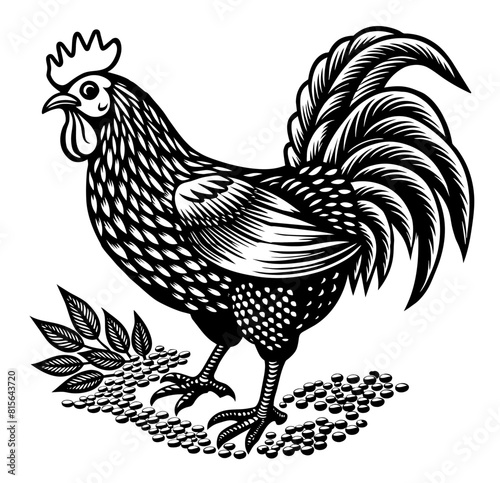Vintage illustration of a grazing rooster that eats grain, monochrome linocut of a farm chicken, suitable for agriculture logo
