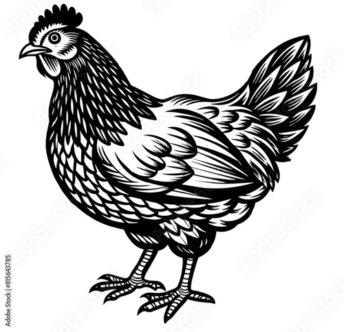 Vintage illustration of a grazing chicken that eats grain, monochrome linocut of a farm hen or fowl, suitable for agriculture logo