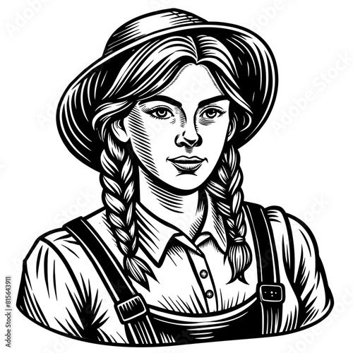 Cheerful, stylized black and white linocut logo featuring a female farmer with a widebrimmed hat, overalls, and a beaming smile, perfect for agricultural or local farm branding photo