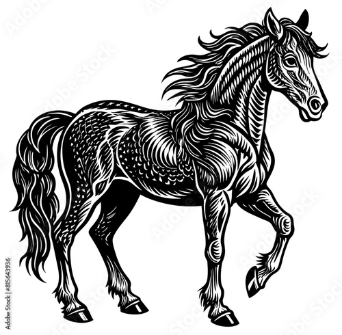 A horse, farm steed designed in a linocut print style, muscular form of animal in detailed artistic black and white stylized illustration