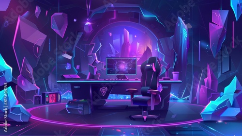 An offline stream cartoon wallpaper banner design for a gamer with computer, table, and armchair. A futuristic esport layout with social media buttons.