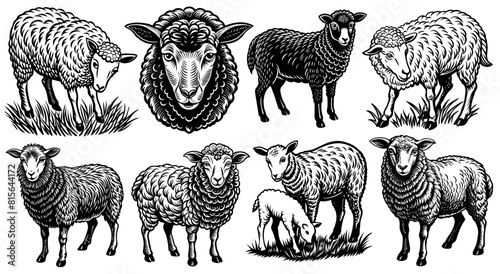 Detailed monochrome illustration, a set of eight sheep in various poses, perfect for projects related to agriculture, farming, and animal husbandry
