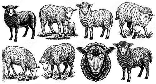 Detailed monochrome illustration, a set of eight sheep in various poses, perfect for projects related to agriculture, farming, and animal husbandry