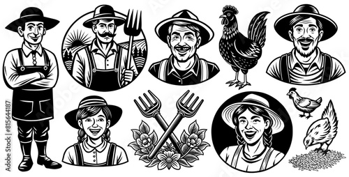 Monochrome illustration featuring a variety of farm characters including joyful farmers and classic farm animals such as a rooster and a chicken presented in a charming, vintage style