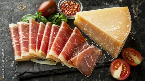 Top view of parmesan cheese and jamon serrano slices with generous copy space for text placement