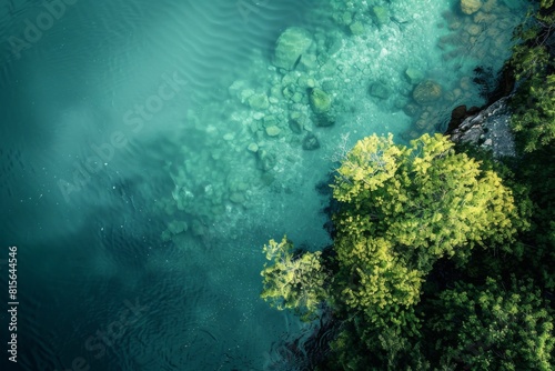 A body of water with a rocky shoreline and trees. The water is calm and clear, and the trees are green and lush. Aerial top view photo with copyspace.