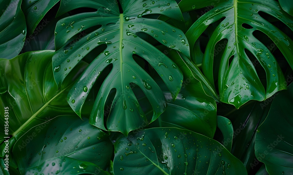 Fototapeta premium Green Monsterra Leaf Closeup, Generative AI