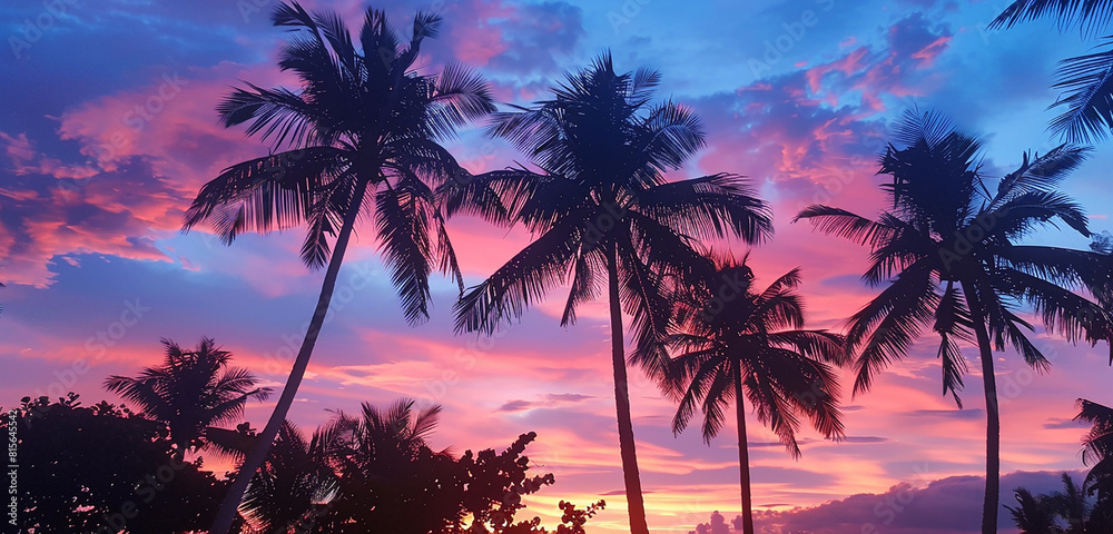 A tropical paradise with palm trees swaying in the breeze, set against a backdrop of a sunset sky where the colors melt into each other like liquid paint.