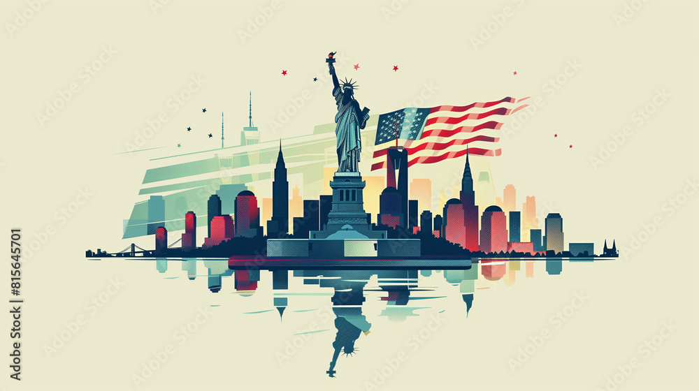 Statue of liberty with usa  american flag and new york city silhouette in old futuristic style. independence day, veterans day, memorial day, patriotism background. 