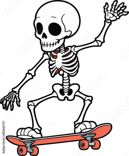 Vector of a cartoon illustration of a skeleton riding a skateboard on a white background