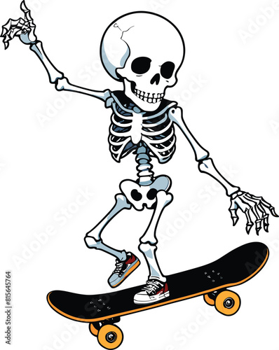 Vector of a cartoon illustration of a skeleton riding a skateboard on a white background