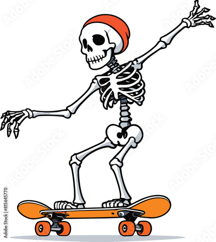 Vector of a cartoon illustration of a skeleton riding a skateboard on a white background