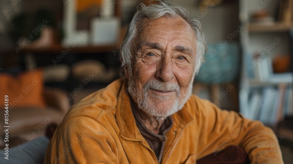 portrait of a senior man smiling and looks at camera, in living room background, portrait of a senior man smiling and looks at camera, in living room background,