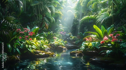 Immerse yourself in the lush foliage of a tropical rainforest, where vibrant flora and fauna thrive amidst a symphony of color and sound, captured in stunning 8K realism. photo