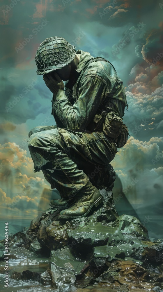 A soldier sits on a rock in a contemplative pose. He is wearing a helmet and full combat gear. The background is a stormy sky.