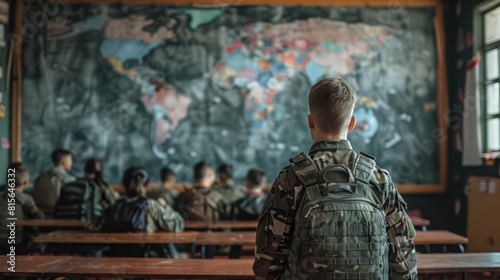 A soldier looking at a world map in a classroom. photo