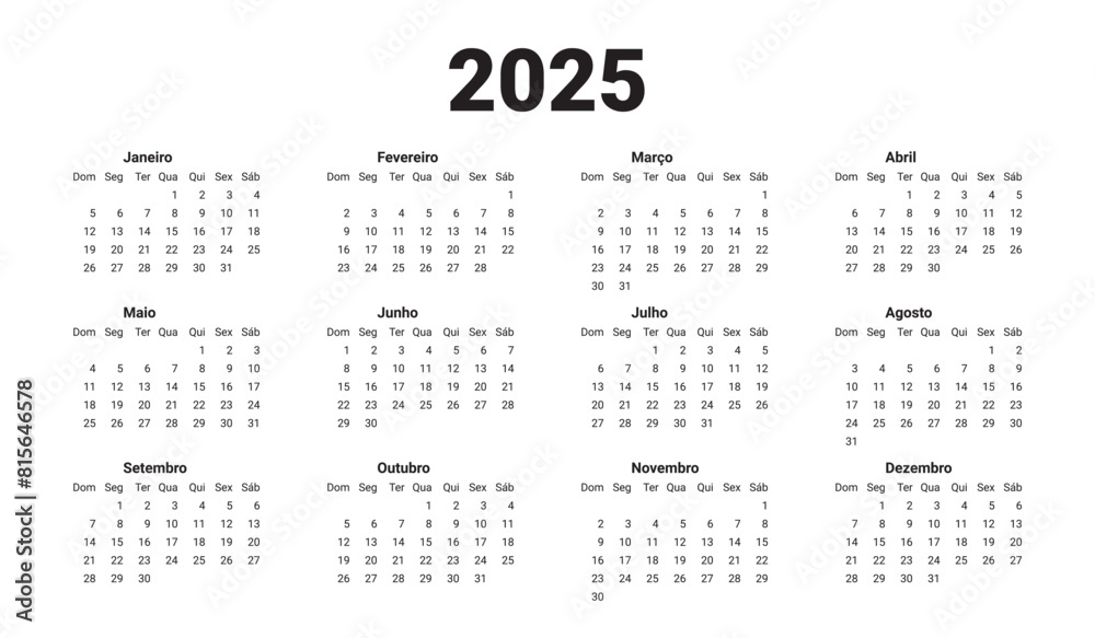 Horizontal template calendar New Year 2025. Portuguese calendar design. Português week starts on Monday. Yearly grid on white. Vector illustration minimal.