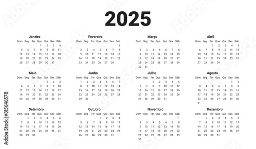 Horizontal template calendar New Year 2025. Portuguese calendar design. Português week starts on Monday. Yearly grid on white. Vector illustration minimal.