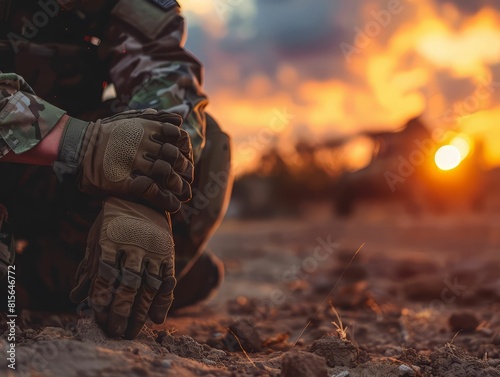 Soldier crouches near the fire.