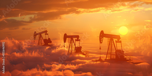 Oil pumps in a field at sunset with the sun setting behind them Generative AI