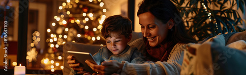 A woman and her son are seated on a couch in a cozy room, with a decorated Christmas tree in the background