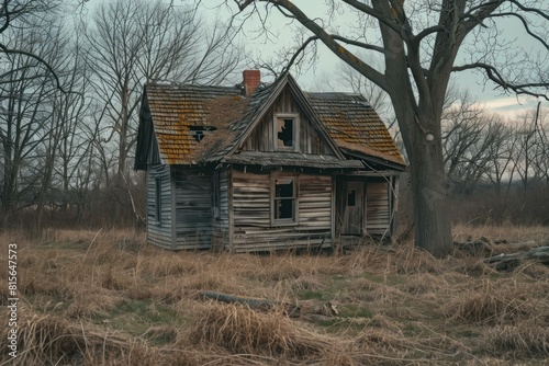 Forlorn Abandoned wooden house. Intimidating and broken building with green plants. Generate AI © anatolir