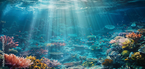 An underwater wonderland teeming with vibrant coral reefs and exotic sea creatures  illuminated by sunlight filtering through the surface  casting liquid-like reflections below.