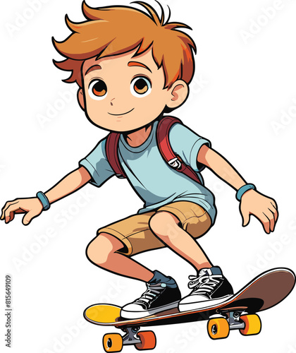 Vector illustration of a young boy riding a skateboard.