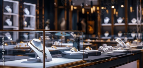 High-End Jewelry Store Display with Exquisite Pieces Under Soft Lighting