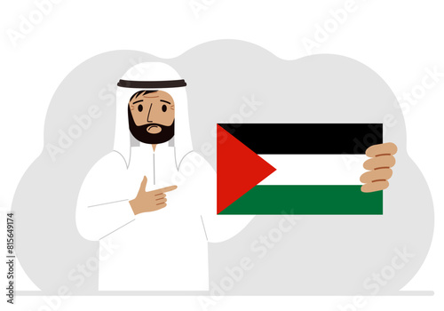 A man holds a Palestinian flag in his hand. Vector flat illustration