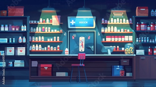 In this modern illustration of a night pharmacy store, the counter is lighted and the shelves have shelves. There is a chair near the cardiograph of a pharmacy. photo