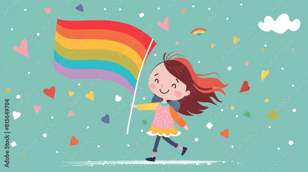 A cheerful character posing with a rainbow flag in a colorful flat design vector A cheerful character posing with a rainbow flag in a colorful flat design vector