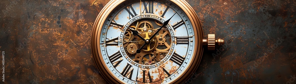The image is a photo of a steampunk clock. The clock is made of metal and has a brown and gold finish. The clock is surrounded by gears and other mechanical parts.