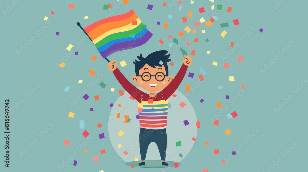 A flat design vector of a person holding a rainbow flag, surrounded by gender identity symbols and colors A flat design vector of a person holding a rainbow flag, surrounded by gender identity symbols and colors
