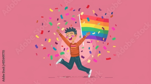 A flat design vector of a person holding a rainbow flag  surrounded by gender identity symbols and colors