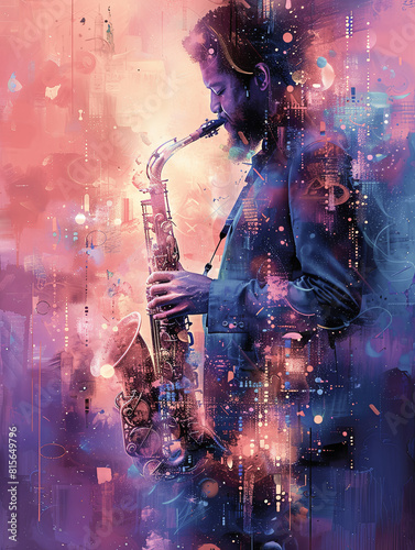 A vivid portrayal of a male jazz musician lost in the music, playing a saxophone enveloped in a swirl of abstract colors, illustrating artistic passio photo