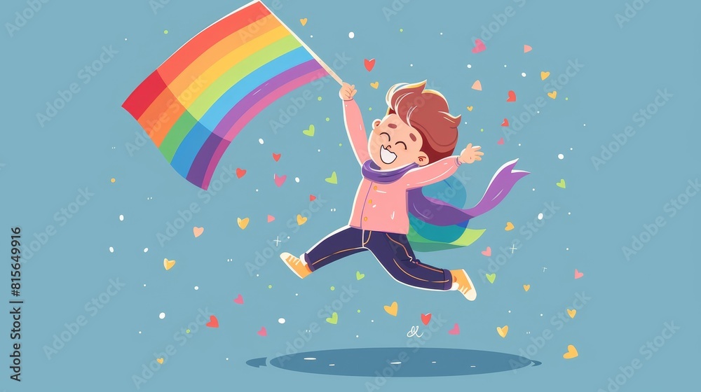 A person is holding a rainbow flag with one hand while jumping in the air. There are colorful shapes and plants around them. A person is holding a rainbow flag with one hand while jumping in the air. There are colorful shapes and plants around them.