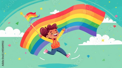A person is holding a rainbow flag with one hand while jumping in the air. There are colorful shapes and plants around them.