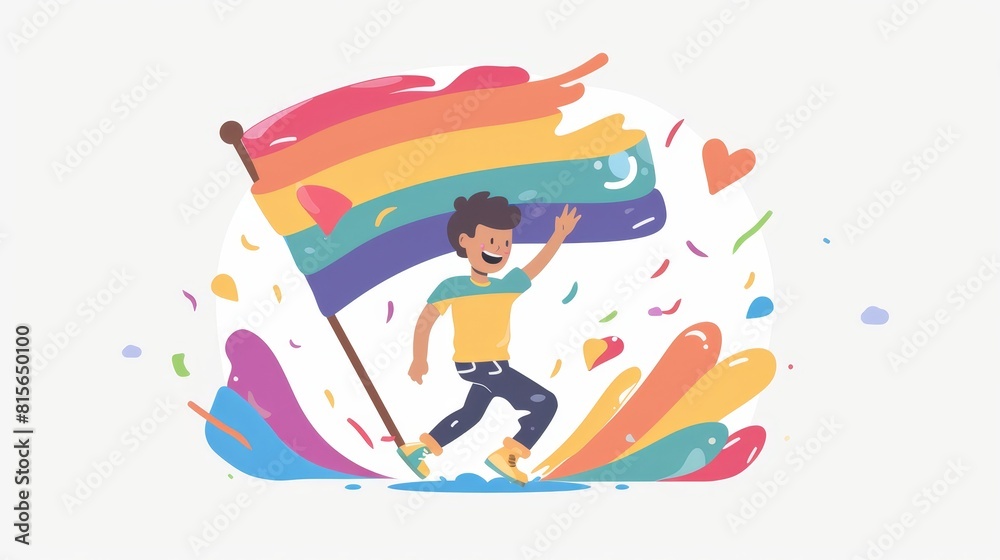 A joyful character surrounded by rainbow flags and balloons in a flat design vector illustration A joyful character surrounded by rainbow flags and balloons in a flat design vector illustration
