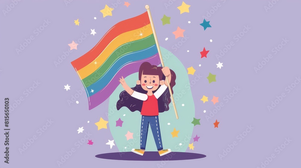 A joyful character surrounded by rainbow flags and balloons in a flat design vector illustration