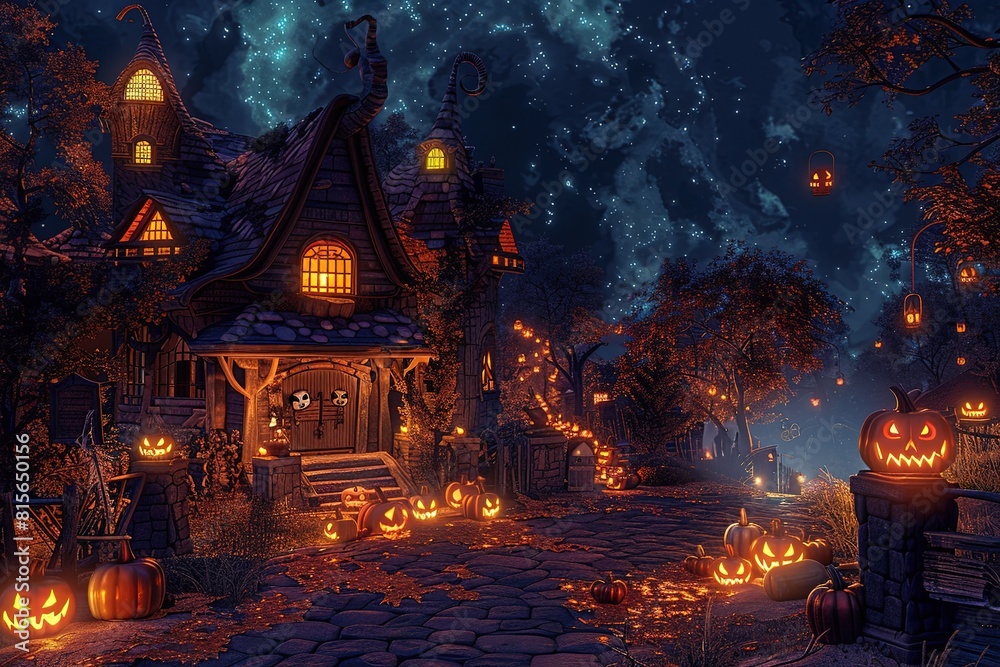 Obraz premium Spooky Halloween Town 3D illustration.