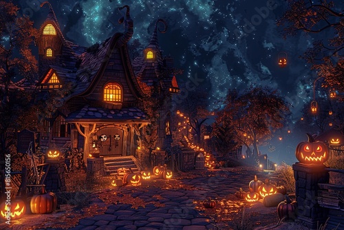 Spooky Halloween Town 3D illustration.