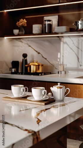 Kitchen island countertop with coffee set  modern kitchen background