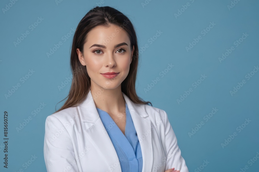 Portrait of a young woman doctor posing isolated over blue background. Concept of advertising healthcare, dentistry, beauty salons. Generative AI Portrait of a young woman doctor posing isolated over blue background. Concept of advertising healthcare, dentistry, beauty salons. Generative AI