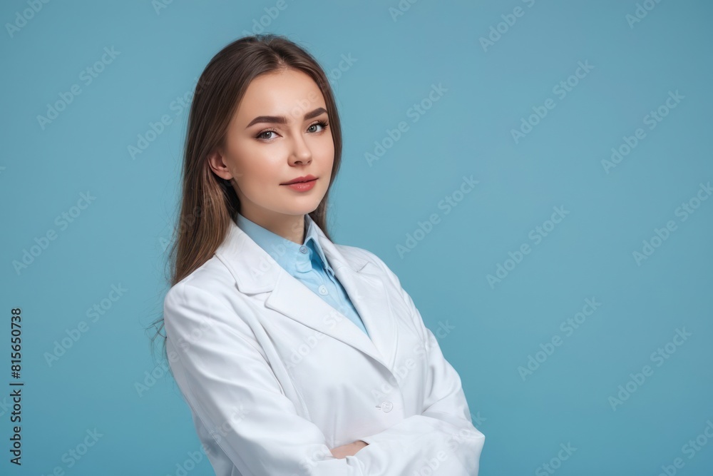Portrait of a young woman doctor posing isolated over blue background. Concept of advertising healthcare, dentistry, beauty salons. Generative AI Portrait of a young woman doctor posing isolated over blue background. Concept of advertising healthcare, dentistry, beauty salons. Generative AI