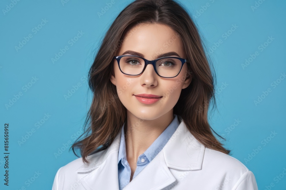 Portrait of a young woman doctor wearing glasses posing isolated over blue background. Concept of advertising healthcare, dentistry, beauty salons. Generative AI Portrait of a young woman doctor wearing glasses posing isolated over blue background. Concept of advertising healthcare, dentistry, beauty salons. Generative AI