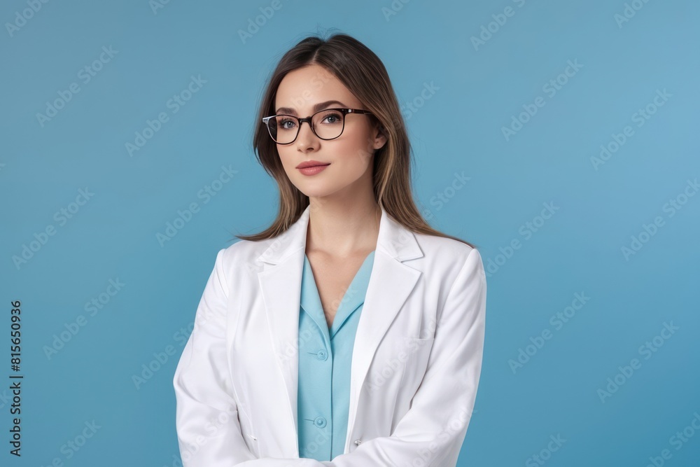 Portrait of a young woman doctor wearing glasses posing isolated over blue background. Concept of advertising healthcare, dentistry, beauty salons. Generative AI Portrait of a young woman doctor wearing glasses posing isolated over blue background. Concept of advertising healthcare, dentistry, beauty salons. Generative AI